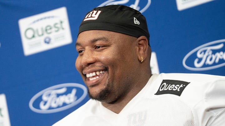 New York Giants defensive tackle Dexter Lawrence II (97) speaks at a press conference during day one of the New York Giants training camp at Quest Diagnostics Giants Training Center in East Rutherford on Wednesday, July 23, 2025.