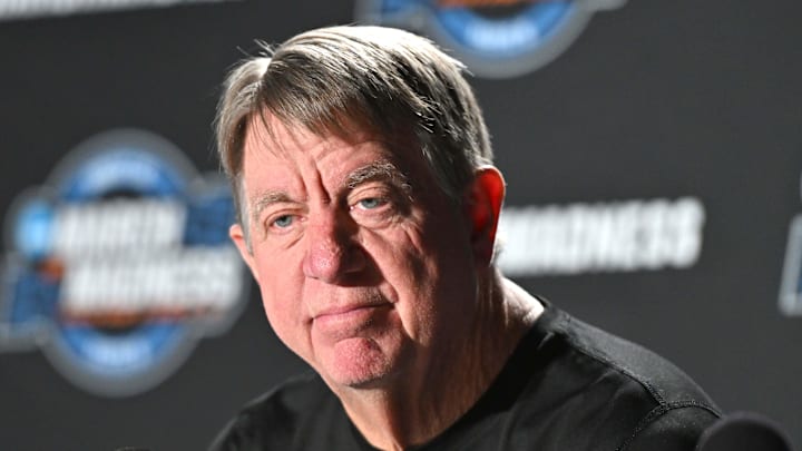 Mar 27, 2025; Spokane, WA, USA; NC State Wolfpack head coach Wes Moore talks with media during an NCAA Tournament practice session at Spokane Arena. Mandatory Credit: James Snook-Imagn Images