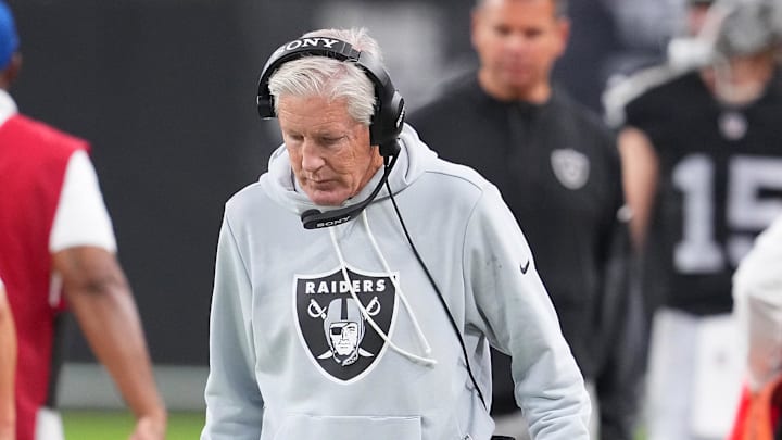 Nov 23, 2025; Paradise, Nevada, USA; Las Vegas Raiders head coach Pete Carroll walks the sideline in a game between the Raiders and the Cleveland Browns during the fourth quarter at Allegiant Stadium. Mandatory Credit: Stephen R. Sylvanie-Imagn Images