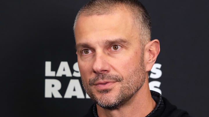 Feb 25, 2025; Indianapolis, IN, USA; Las Vegas Raiders general manager John Spytek on radio row during the NFL Scouting Combine at the Indiana Convention Center. Mandatory Credit: Kirby Lee-Imagn Images