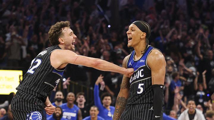 Apr 25, 2026; Orlando, Florida, USA; Orlando Magic forward Franz Wagner (22) reacts to a shot by forward Paolo Banchero (5) against the Detroit Pistons in the fourth quarter during game three of the first round of the 2026 NBA Playoffs at Kia Center. Mandatory Credit: Nathan Ray Seebeck-Imagn Images Apr 25, 2026; Orlando, Florida, USA; Orlando Magic forward Franz Wagner (22) reacts to a shot by forward Paolo Banchero (5) against the Detroit Pistons in the fourth quarter during game three of the first round of the 2026 NBA Playoffs at Kia Center. Mandatory Credit: Nathan Ray Seebeck-Imagn Images