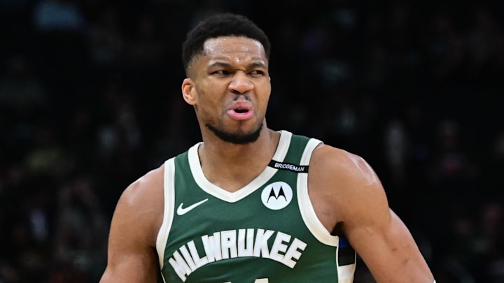Milwaukee Bucks forward Giannis Antetokounmpo (34) reacts in the fourth quarter against the Phoenix Suns at Fiserv Forum on April 1, 2025.