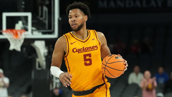 Nov 25, 2025; Las Vegas, Nevada, USA; Iowa State Cyclones forward Joshua Jefferson (5) dribbles the ball against the Creighton Bluejays in a 2025 Players Era Festival group play game at Michelob Ultra Arena. Nov 25, 2025; Las Vegas, Nevada, USA; Iowa State Cyclones forward Joshua Jefferson (5) dribbles the ball against the Creighton Bluejays in a 2025 Players Era Festival group play game at Michelob Ultra Arena.