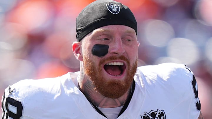 Oct 6, 2024; Denver, Colorado, USA; Las Vegas Raiders defensive end Maxx Crosby (98) before the game against the Denver Broncos at Empower Field at Mile High. Mandatory Credit: Ron Chenoy-Imagn Images