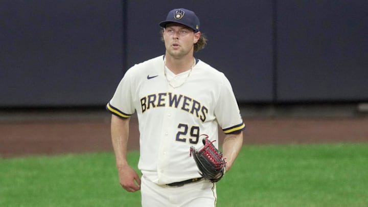 Milwaukee Brewers pitcher Trevor Megill (29) is shown after giving up an RBI single during the ninth inning of their game against the Toronto Blue Jays Tuesday, April 14, 2026 at American Family Field in Milwaukee, Wisconsin.
