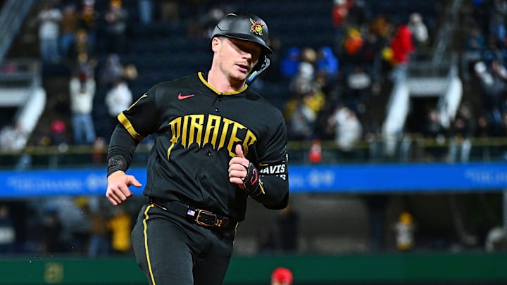 May 1, 2026; Pittsburgh, Pennsylvania, USA; Pittsburgh Pirates catcher Henry Davis (32) rounds the bases after hitting a solo home run against the Cincinnati Reds during the fourth inning at PNC Park. Mandatory Credit: Justin Berl-Imagn Images