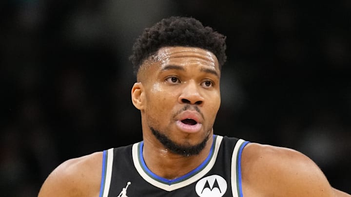 Milwaukee Bucks forward Giannis Antetokounmpo looks on during the second quarter against the Denver Nuggets