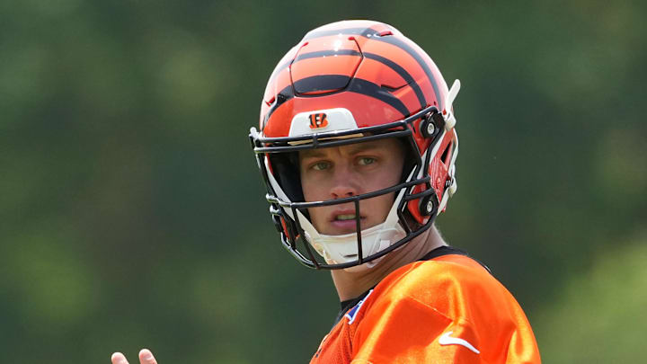 Jun 10, 2025; Cincinnati, OH, USA; Cincinnati Bengals quarterback Joe Burrow (9) during practice at Paycor Stadium. Mandatory Credit: Kareem Elgazzar-Imagn Images