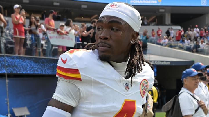 Kansas City Chiefs wide receiver Rashee Rice (4) leaves the field following the game against the Los Angeles Chargers at SoFi Stadium.