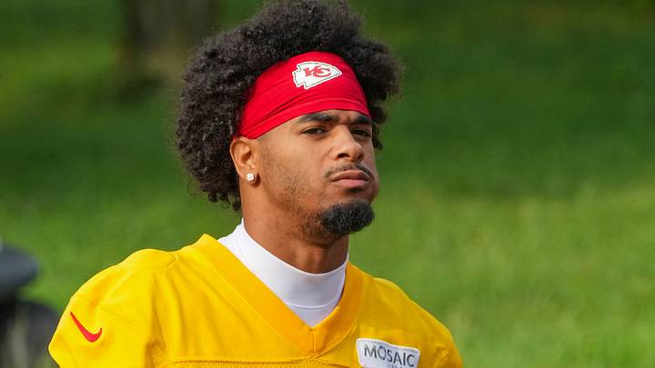 Jul 29, 2026; St. Joseph, MO, USA; Kansas City Chiefs cornerback Mansoor Delane (5) walks down the hill to the fields prior to training camp at Missouri Western State University. Mandatory Credit: Denny Medley-Imagn Images