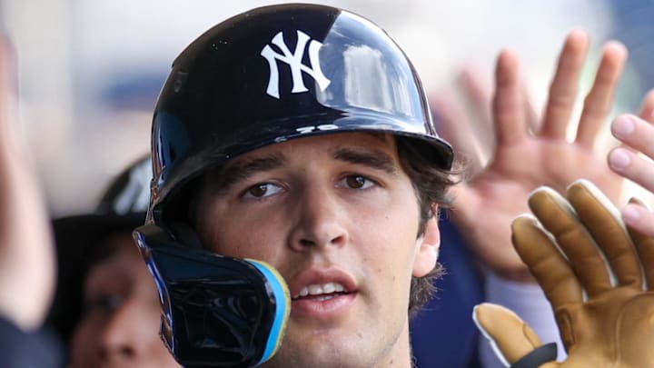 New York Yankees outfielder Spencer Jones (78) celebrates after hitting a three-run home run against the Philadelphia Phillies in the third inning during spring training at BayCare Ballpark