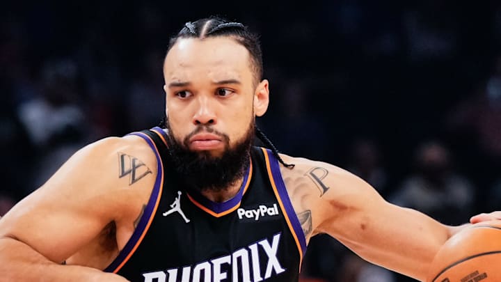 Feb 10, 2026; Phoenix, Arizona, USA; Phoenix Suns guard/forward Dillon Brooks (3) goes against Dallas Mavericks forward P.J. Washington (25) during the first half the game at Mortgage Matchup Center. Mandatory Credit: Arianna Grainey-Imagn Images