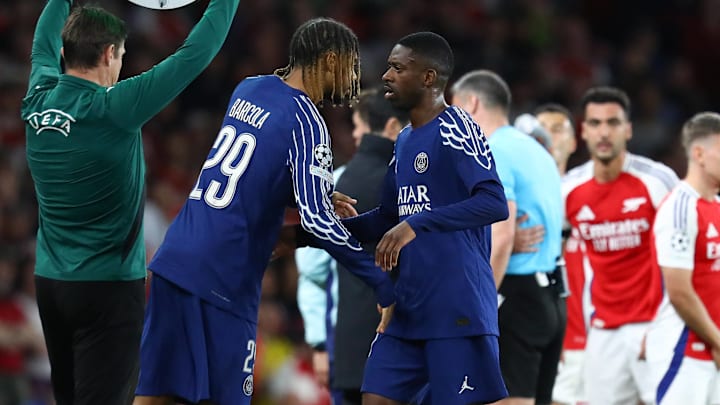 Ousmane Dembele (center-right) was substituted in the second half of the first leg for Bradley Barcola.