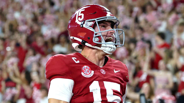 Sep 6, 2025; Tuscaloosa, Alabama, USA; Alabama Crimson Tide quarterback Ty Simpson (15) reacts after a short-lived touchdown that was called back during the second quarter against the Louisiana Monroe Warhawks at Saban Field at Bryant-Denny Stadium. Mandatory Credit: David Leong-Imagn Images
