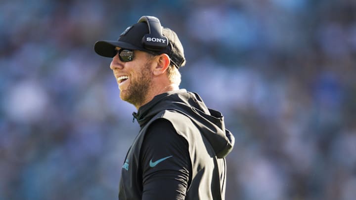Nov 16, 2025; Jacksonville, Florida, USA; Jacksonville Jaguars head coach Liam Coen reacts to a play against the Los Angeles Chargers d31 at EverBank Stadium. Mandatory Credit: Morgan Tencza-Imagn Images