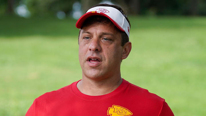 Jul 22, 2025; St. Joseph, MO, USA; Kansas City Chiefs general manager Brett Veach walks down the hill to the fields during training camp at Missouri Western State University. Mandatory Credit: Denny Medley-Imagn Images Jul 22, 2025; St. Joseph, MO, USA; Kansas City Chiefs general manager Brett Veach walks down the hill to the fields during training camp at Missouri Western State University. Mandatory Credit: Denny Medley-Imagn Images