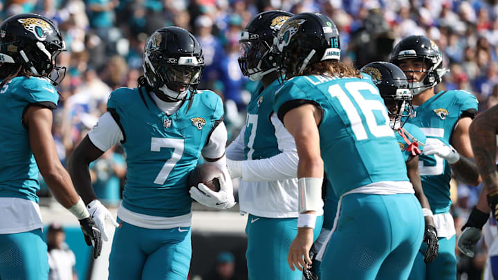 Jan 11, 2026; Jacksonville, FL, USA; Jacksonville Jaguars wide receiver Brian Thomas Jr. (7) reacts after scoring a touchdown during the first half against the Buffalo Bills in an AFC Wild Card Round game at EverBank Stadium. Mandatory Credit: Nathan Ray Seebeck-Imagn Images