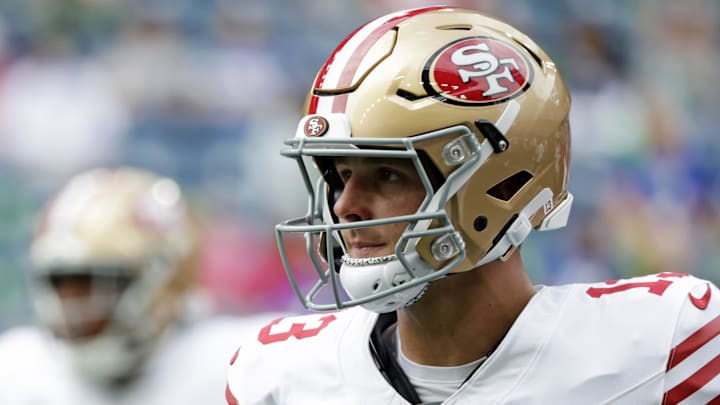 Sep 7, 2025; Seattle, Washington, USA; San Francisco 49ers quarterback Brock Purdy (13) looks on during warmups before the game against the Seattle Seahawks at Lumen Field. Mandatory Credit: Joe Nicholson-Imagn Images Sep 7, 2025; Seattle, Washington, USA; San Francisco 49ers quarterback Brock Purdy (13) looks on during warmups before the game against the Seattle Seahawks at Lumen Field. Mandatory Credit: Joe Nicholson-Imagn Images