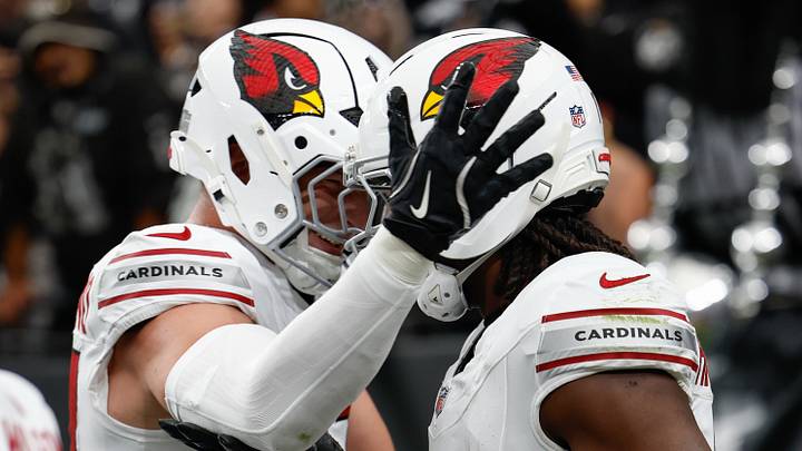 Aug 13, 2026; Paradise, Nevada, USA; Arizona Cardinals wide receiver Marvin Harrison Jr. (18) celebrates with tight end Teagan Quitoriano (47) after catching a touchdown pass during the first quarter of a preseason game against the Las Vegas Raiders at Allegiant Stadium. Mandatory Credit: David Brytus-Imagn Images