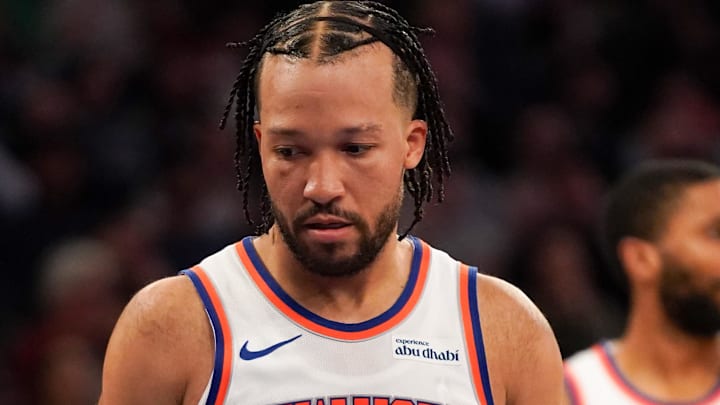 Apr 9, 2026; New York, New York, USA; New York Knicks guard Jalen Brunson (11) reacts during the fourth quarter against the Boston Celtics at Madison Square Garden. Mandatory Credit: Lucas Boland-Imagn Images
