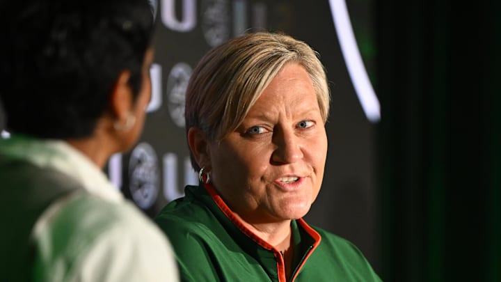 Oct 7, 2025; Charlotte, NC, USA; Miami head coach Tricia Cullop answers questions from the media at The Hilton Charlotte Uptown. Mandatory Credit: William Howard-Imagn Images