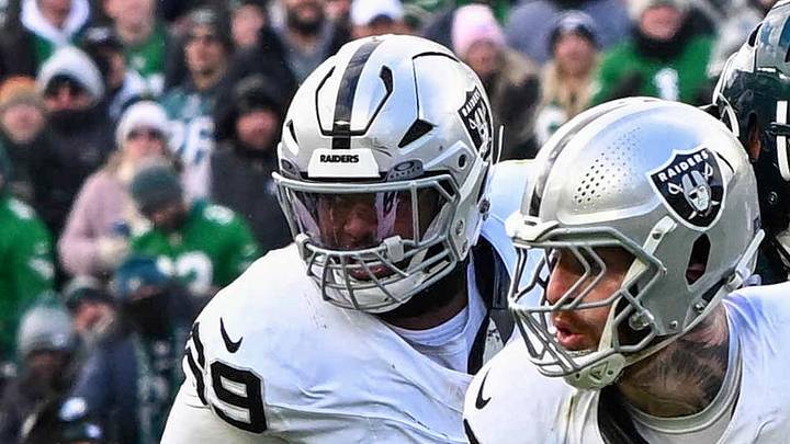 Dec 14, 2025; Philadelphia, Pennsylvania, USA; Las Vegas Raiders defensive end Maxx Crosby (98) celebrates his sacks of Philadelphia Eagles quarterback Jalen Hurts (1) during the second quarter at Lincoln Financial Field. Mandatory Credit: Eric Hartline-Imagn Images Dec 14, 2025; Philadelphia, Pennsylvania, USA; Las Vegas Raiders defensive end Maxx Crosby (98) celebrates his sacks of Philadelphia Eagles quarterback Jalen Hurts (1) during the second quarter at Lincoln Financial Field. Mandatory Credit: Eric Hartline-Imagn Images
