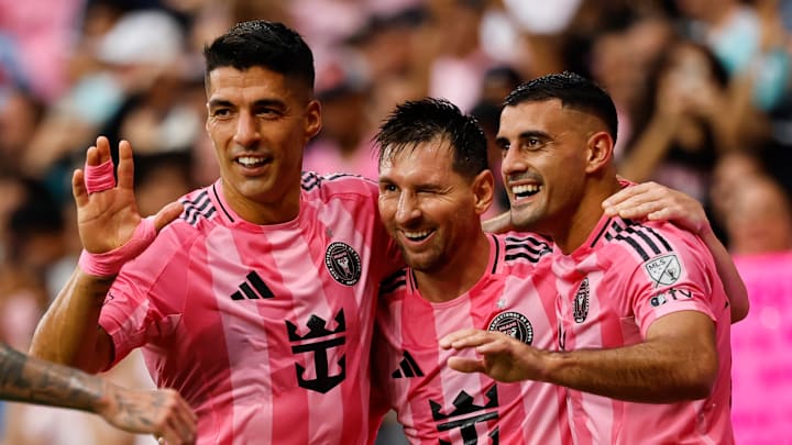 Luis Suárez (left), Lionel Messi (center) and Germán Berterame (right) helped Inter Miami to a first win at Nu Stadium. 
