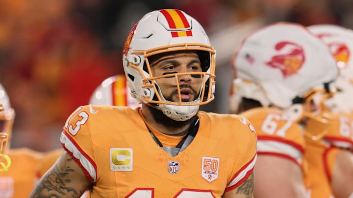 Dec 11, 2025; Tampa, Florida, USA; Tampa Bay Buccaneers wide receiver Mike Evans (13) runs to the line of scrimmage before a play against the Atlanta Falcons during the first quarter at Raymond James Stadium. Mandatory Credit: Nathan Ray Seebeck-Imagn Images