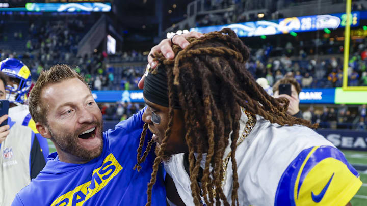 Nov 3, 2024; Seattle, Washington, USA; Los Angeles Rams wide receiver Demarcus Robinson (15) celebrates with head coach Sean McVay, left, after catching a game-wining touchdown pass against the Seattle Seahawks during overtime at Lumen Field. Mandatory Credit: Joe Nicholson-Imagn Images Nov 3, 2024; Seattle, Washington, USA; Los Angeles Rams wide receiver Demarcus Robinson (15) celebrates with head coach Sean McVay, left, after catching a game-wining touchdown pass against the Seattle Seahawks during overtime at Lumen Field. Mandatory Credit: Joe Nicholson-Imagn Images