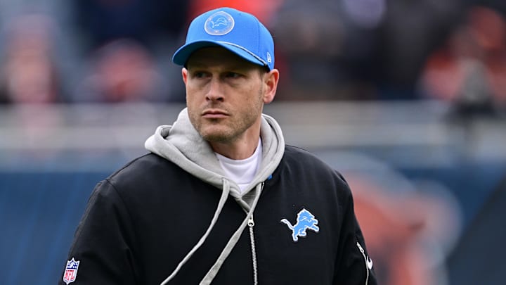 Dec 22, 2024; Chicago, Illinois, USA; Detroit Lions offensive coordinator Ben Johnson before a game against the Chicago Bears at Soldier Field. Mandatory Credit: Daniel Bartel-Imagn Images