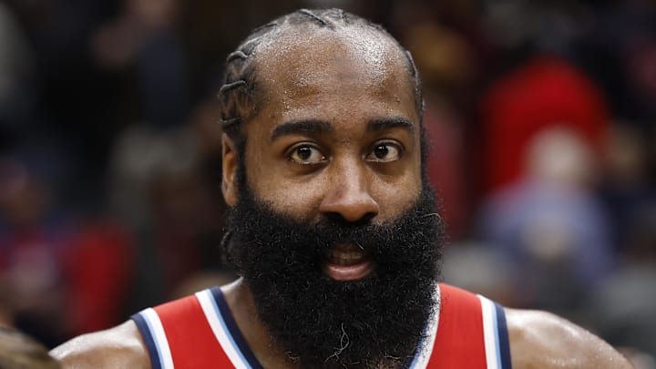 Jan 19, 2026; Washington, District of Columbia, USA; LA Clippers guard James Harden (1) gives an on-court interview after the Clippers' game against the Washington Wizards at Capital One Arena. Mandatory Credit: Geoff Burke-Imagn Images