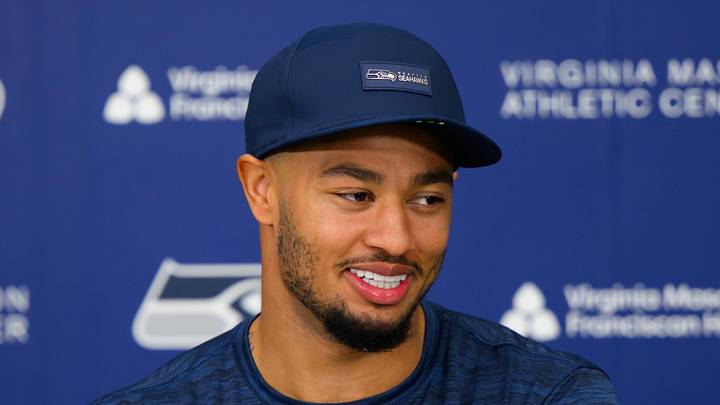 Seattle Seahawks wide receiver Jaxon Smith-Njigba speaks to the media