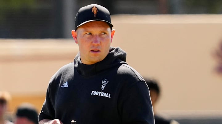 Arizona State head coach Kenny Dillingham watches his team as they run drills during a spring practice at Kajikawa practice fields in Tempe, Ariz. on April 14, 2026.