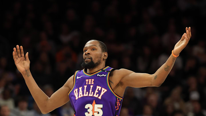 Phoenix Suns forward Kevin Durant reacts against the Sacramento Kings.