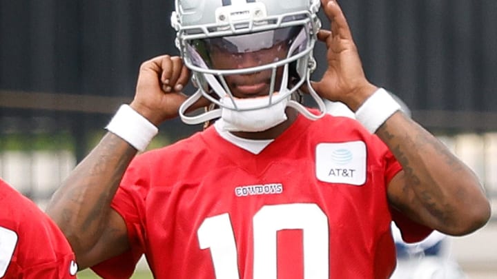 Dallas Cowboys quarterback Joe Milton III during a practice drill at the Ford Center at the Star Training Facility