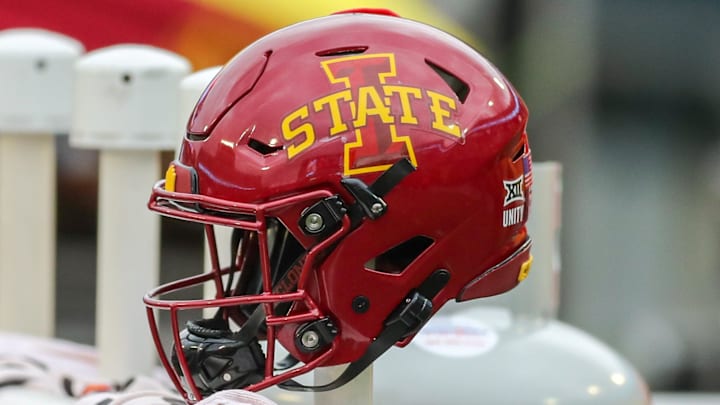 Oct 30, 2021; Morgantown, West Virginia, USA; An Iowa State Cyclones helmet on the bench during the third quarter against the West Virginia Mountaineers at Mountaineer Field at Milan Puskar Stadium.