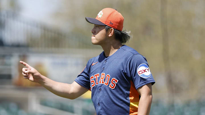 Mar 11, 2026; Jupiter, Florida, USA; Houston Astros pitcher Tatsuya Imai (45) gestures as he walks off the mound against the Miami Marlins during the second inning at Roger Dean Chevrolet Stadium. Mandatory Credit: Rhona Wise-Imagn Images Mar 11, 2026; Jupiter, Florida, USA; Houston Astros pitcher Tatsuya Imai (45) gestures as he walks off the mound against the Miami Marlins during the second inning at Roger Dean Chevrolet Stadium. Mandatory Credit: Rhona Wise-Imagn Images