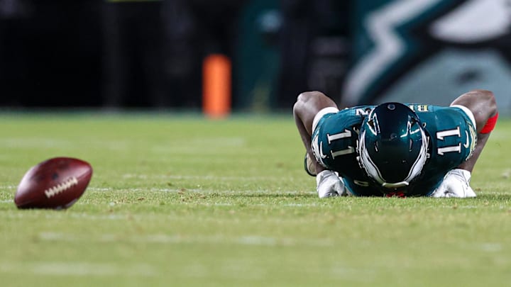 Jan 11, 2026; Philadelphia, PA, USA; Philadelphia Eagles wide receiver A.J. Brown (11) on the turf after a missed catch against the San Francisco 49ers in an NFC Wild Card Round game at Lincoln Financial Field.