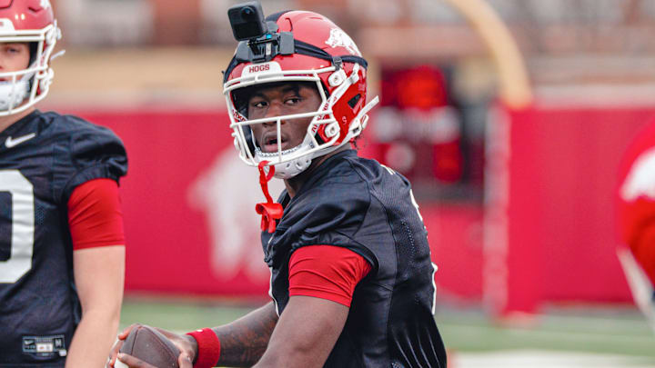 Arkansas Razorbacks quarterback AJ Hill during a spring practice.