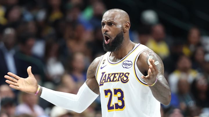 Apr 5, 2026; Dallas, Texas, USA; Los Angeles Lakers forward LeBron James (23) reacts against the Dallas Mavericks during the second half at American Airlines Center. Mandatory Credit: Kevin Jairaj-Imagn Images Apr 5, 2026; Dallas, Texas, USA; Los Angeles Lakers forward LeBron James (23) reacts against the Dallas Mavericks during the second half at American Airlines Center. Mandatory Credit: Kevin Jairaj-Imagn Images