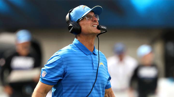 Sep 13, 2026; Inglewood, California, USA;  Los Angeles Chargers head coach Jim Harbaugh reacts after a play against the Arizona Cardinals during the first half at SoFi Stadium.  Mandatory Credit: Kiyoshi Mio-Imagn Images