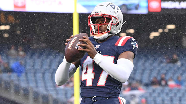 August 8, 2024; Foxborough, MA, USA;  New England Patriots cornerback Mikey Victor (47) warms up before a game against the Carolina Panthers at Gillette Stadium. Mandatory Credit: Eric Canha-Imagn Images