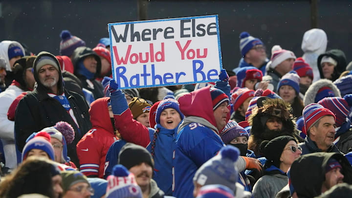 Bills fans hold up signs celebrating the team and the stadium during the first half of their game at Highmark Stadium in Orchard Park Sunday, Jan. 4, 2026. Bills fans hold up signs celebrating the team and the stadium during the first half of their game at Highmark Stadium in Orchard Park Sunday, Jan. 4, 2026.