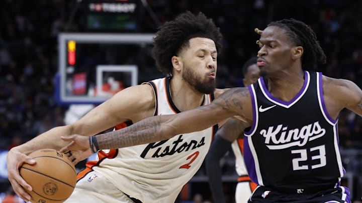 Apr 7, 2025; Detroit, Michigan, USA; Sacramento Kings guard Keon Ellis (23) knocks the ball away from Detroit Pistons guard Cade Cunningham (2) in the second half at Little Caesars Arena. Mandatory Credit: Rick Osentoski-Imagn Images Apr 7, 2025; Detroit, Michigan, USA; Sacramento Kings guard Keon Ellis (23) knocks the ball away from Detroit Pistons guard Cade Cunningham (2) in the second half at Little Caesars Arena. Mandatory Credit: Rick Osentoski-Imagn Images