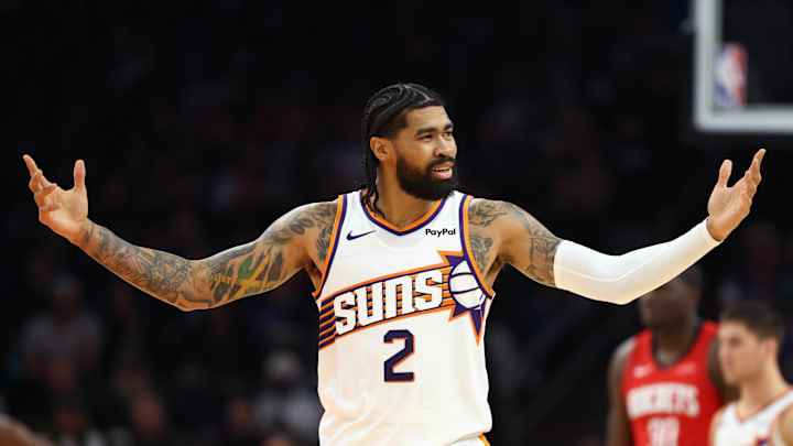 Nov 24, 2025; Phoenix, Arizona, USA; Phoenix Suns center Nick Richards (2) reacts against the Houston Rockets in the first half at Mortgage Matchup Center. Mandatory Credit: Mark J. Rebilas-Imagn Images