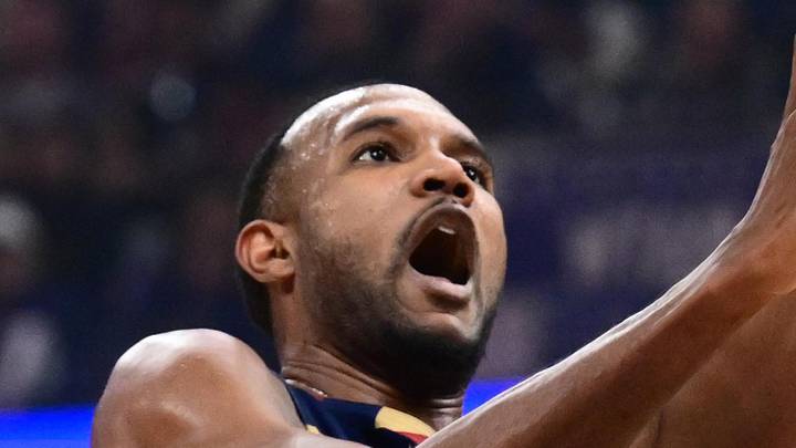 May 15, 2026; Cleveland, Ohio, USA; Cleveland Cavaliers center Evan Mobley (4) drives to the basket against Detroit Pistons center Jalen Duren (0) during the first quarter in game six of the second round of the 2026 NBA Playoffs at Rocket Arena. Mandatory Credit: Ken Blaze-Imagn Images