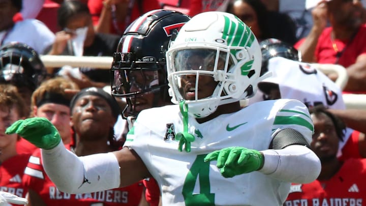 Sep 14, 2024; Lubbock, Texas, USA;  North Texas Mean Green defensive back Brian Nelson (4) signals in the second half during the game against the Texas Tech Red Raiders at Jones AT&T Stadium and Cody Campbell Field. Mandatory Credit: Michael C. Johnson-Imagn Images