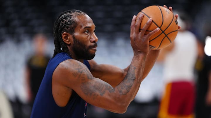 Apr 29, 2025; Denver, Colorado, USA; LA Clippers forward Kawhi Leonard (2) warms up before game five of the first round for the 2025 NBA Playoffs against the Denver Nuggets at Ball Arena. Apr 29, 2025; Denver, Colorado, USA; LA Clippers forward Kawhi Leonard (2) warms up before game five of the first round for the 2025 NBA Playoffs against the Denver Nuggets at Ball Arena.