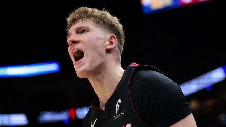 Miami Heat guard Kasparas Jakucionis (25) reacts against the Milwaukee Bucks during the third quarter at Kaseya Center on March 12, 2026.