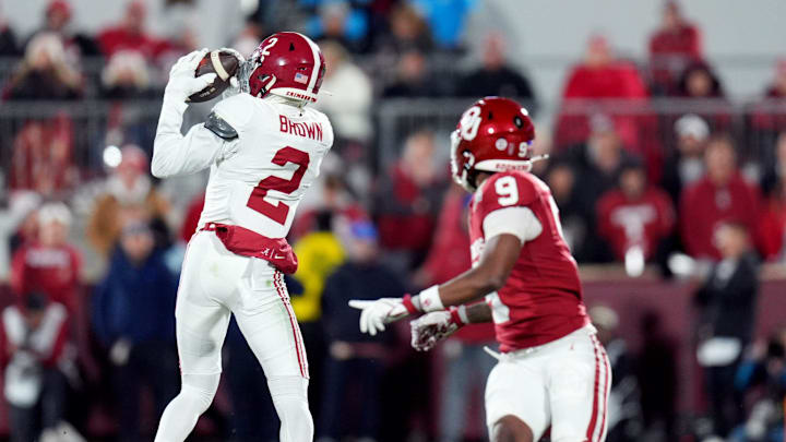 Alabama's Zabien Brown (2) intercepts a pass intended for Oklahoma's Keontez Lewis (9) during the College Football Playoff game between the University of Oklahoma Sooners (OU) and the Alabama Crimson Tide at the Gaylord Family – Oklahoma Memorial Stadium in Norman, Okla., Friday Dec. 19, 2025. Brown scored a touchdown on the play. Alabama's Zabien Brown (2) intercepts a pass intended for Oklahoma's Keontez Lewis (9) during the College Football Playoff game between the University of Oklahoma Sooners (OU) and the Alabama Crimson Tide at the Gaylord Family – Oklahoma Memorial Stadium in Norman, Okla., Friday Dec. 19, 2025. Brown scored a touchdown on the play.